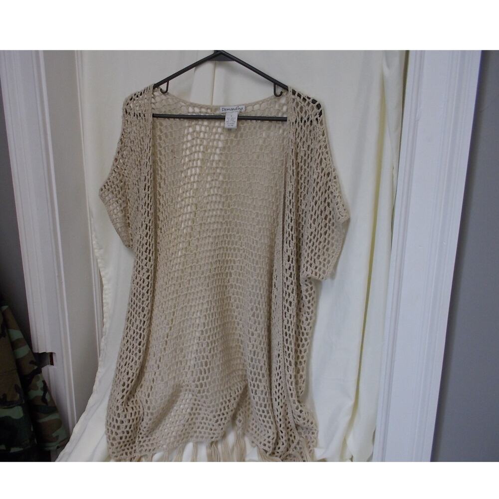 Demanding Tan Crochet Open Knit Fringe Cardigan Kimono Wrap Beige Small